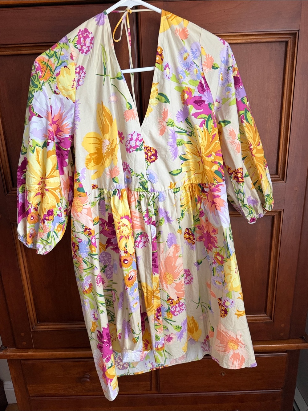 H&M Cream Floral Midi Dress with Yellow, Pink & Purple Blooms